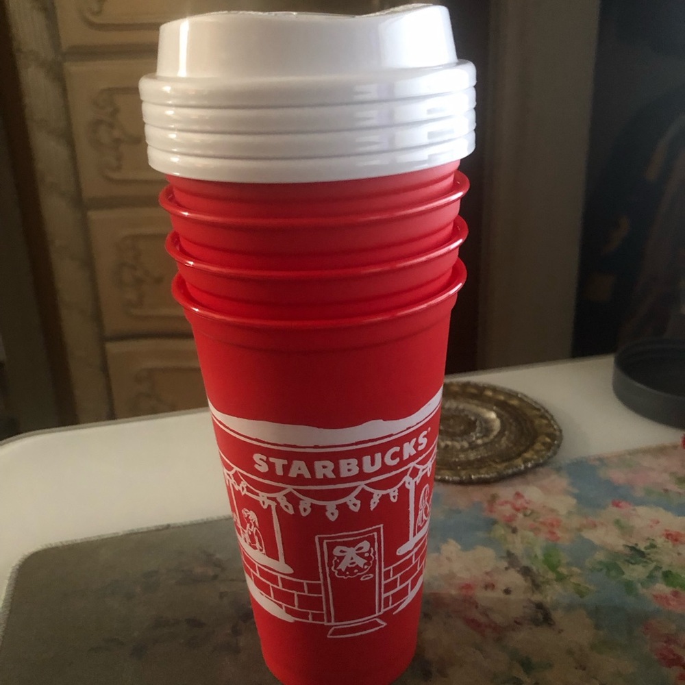 4 Starbucks Red Tumbler with White Lid and Festive Print 2025 Red Christmas